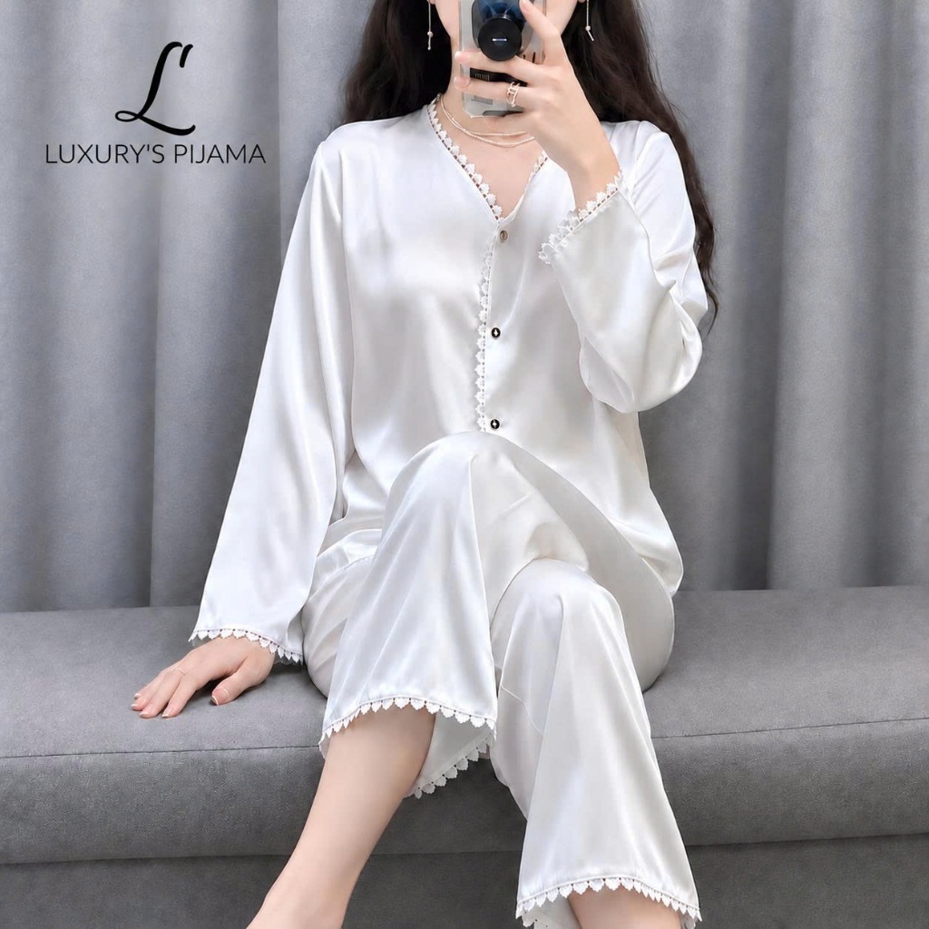 Đồ bộ LUXURY PIJAMA lụa latin cao cấp, mềm mịn sang trọng tay dài trơn phối ren TD028