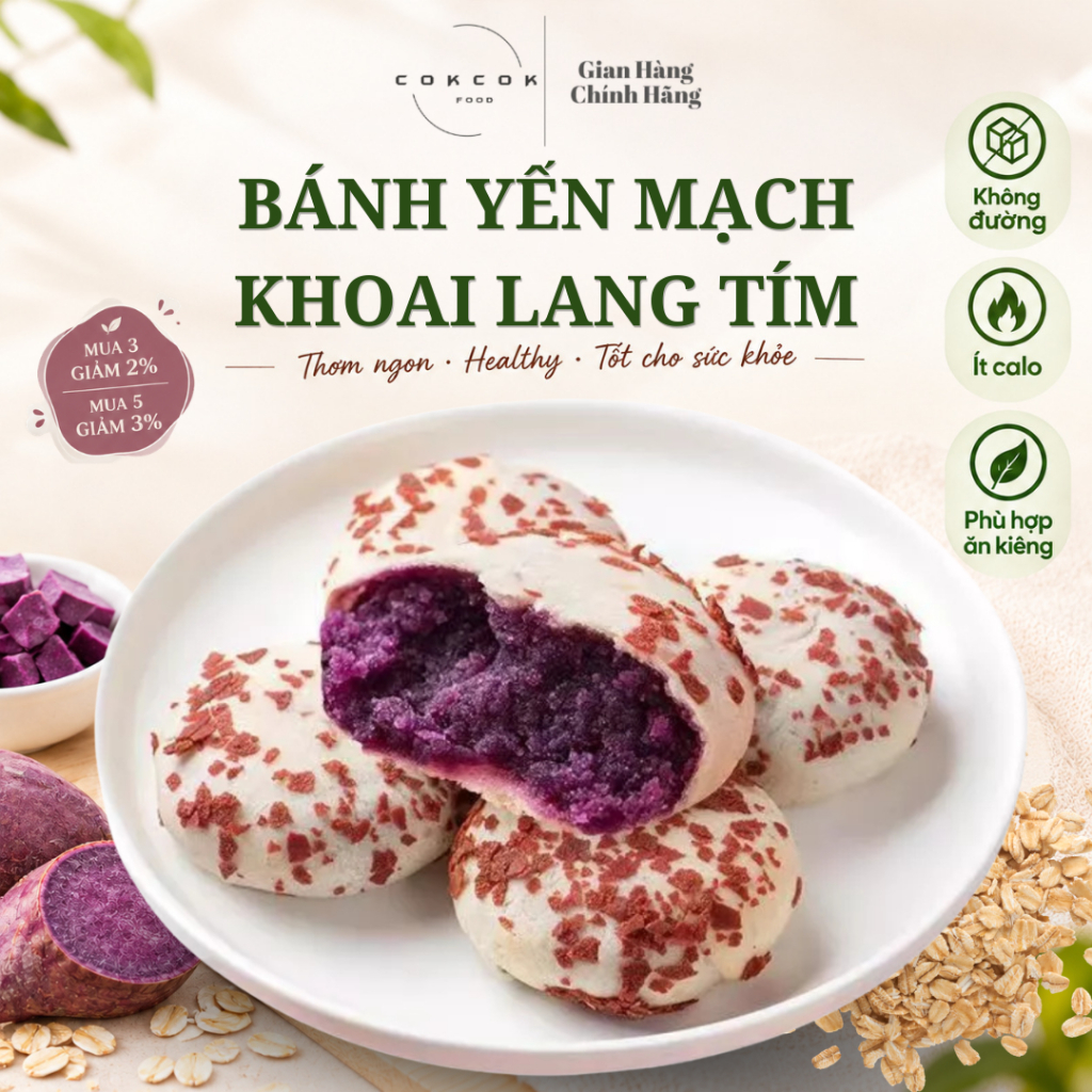 Bánh Yến Mạch Khoai Lang Tím Không Đường CokcokFood, Ăn Vặt Healthy Giảm Cân, Phù Hợp Ăn Kiêng, Ít calo,Bữa Phụ Tiện Lợi