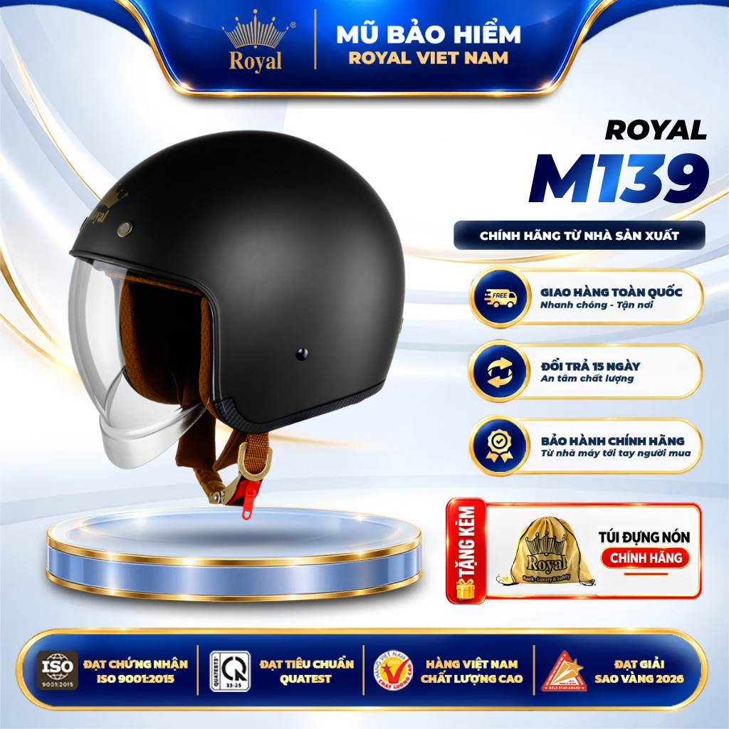 Mũ Bảo Hiểm 3/4 Royal M139 Chính Hãng, Nón Bảo Hiểm Kính Âm Màu Trà Chống Tia UV