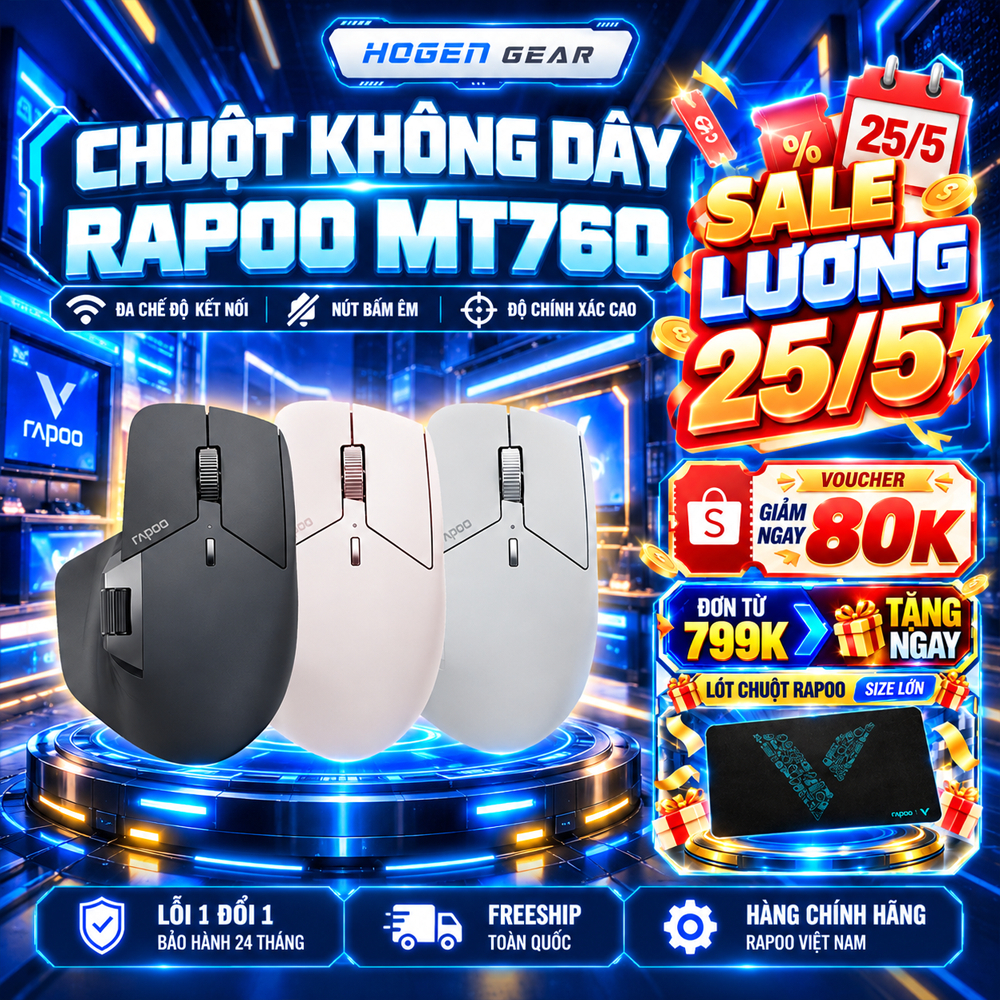 Chuột Không Dây Rapoo MT760 | 2.4G và Bluetooth 5.0 |Kết nối 5 thiết bị |Lưu cài đặt | Bảo hành 24TH