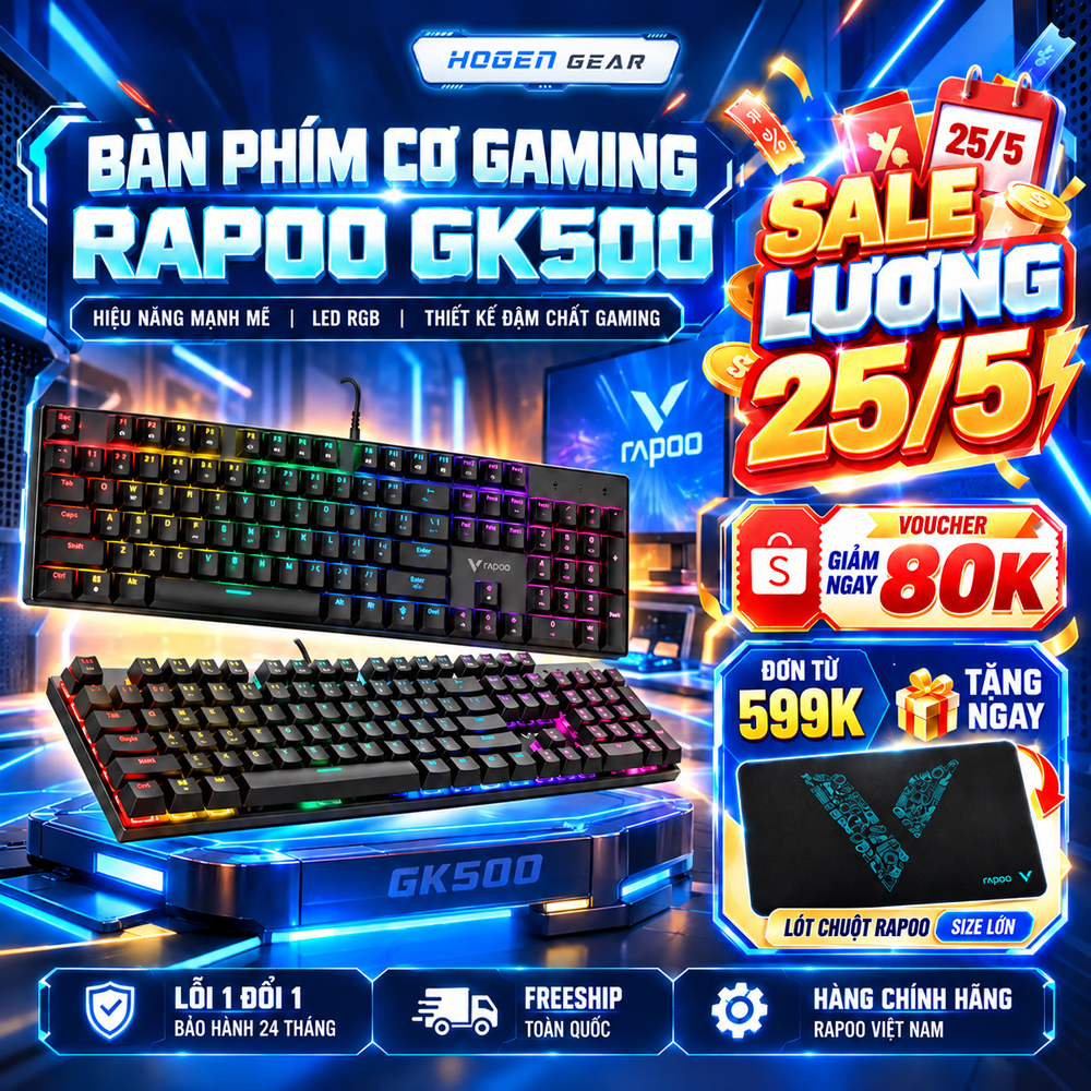 Bàn Phím Cơ Gaming Rapoo GK500 | Đèn RGB | Full Size | Chống Chàn nước | Bảo Hành 24 Tháng
