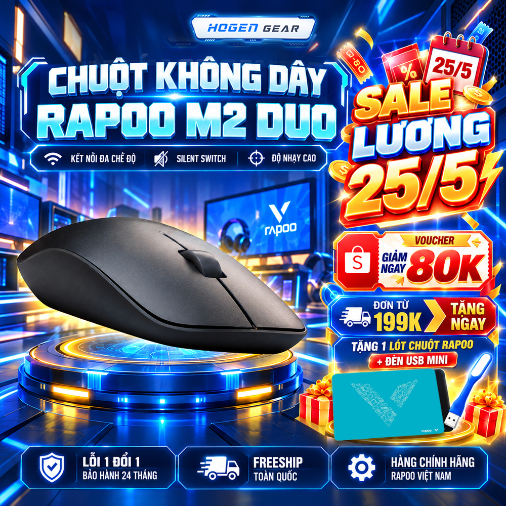Chuột Không Dây Rapoo M2 Duo | Bluetooth 5.0 Wireless 2.4G | Click Không tiếng ồn | DPI 4000 | BH 24 Tháng