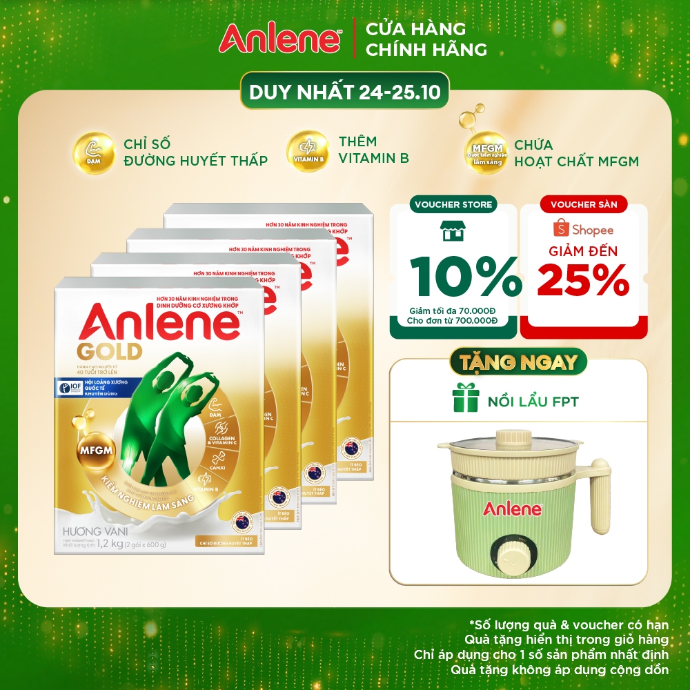 Combo 4 hộp Sữa Bột Anlene Gold Hương Vani 1.2kg ít béo, chỉ số đường huyết thấp giúp tăng cường cơ xương khớp