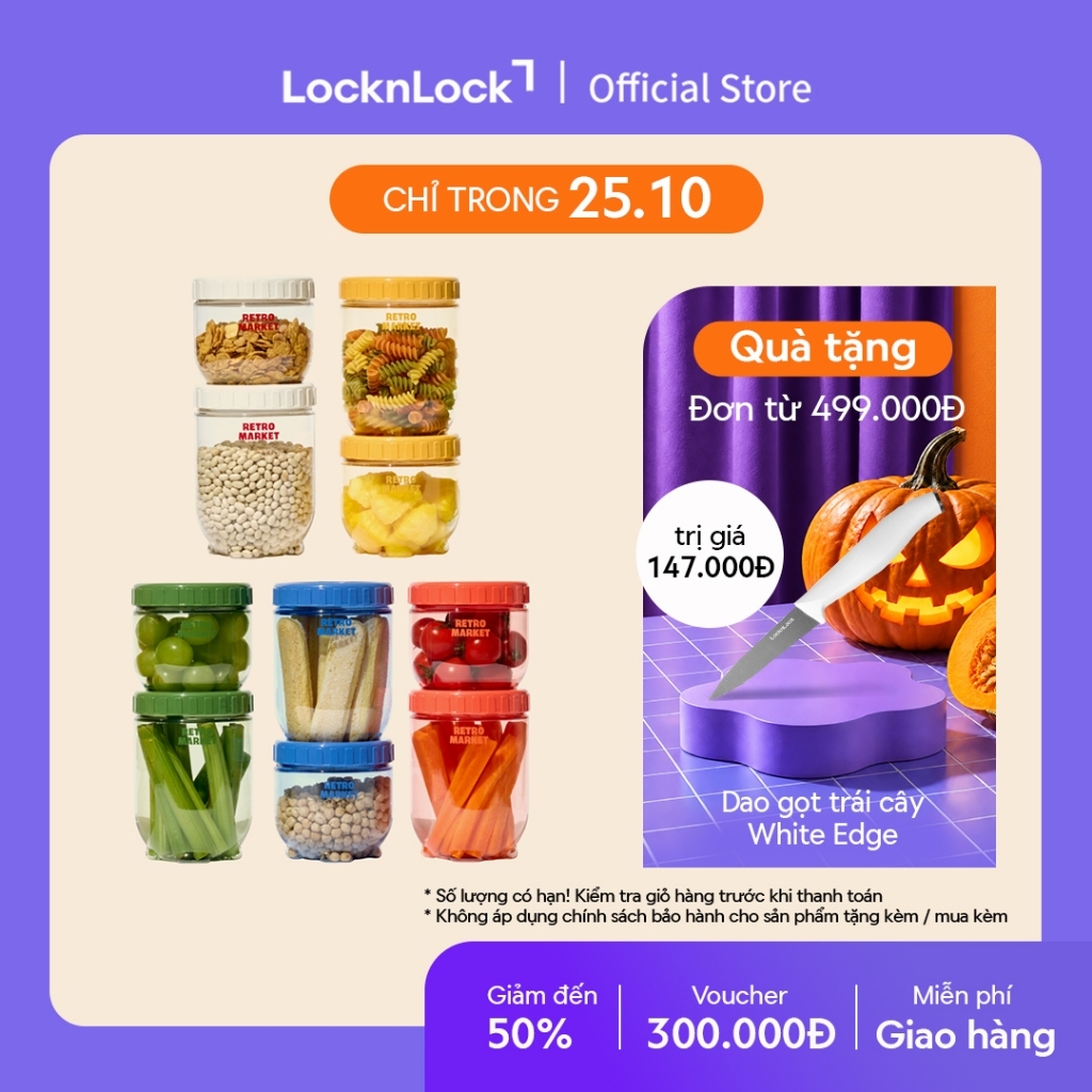 Bộ 2 hộp đựng thực phẩm LocknLock Retro Market Stackup INL304 500ml*1 và 700ml*1 có thể xếp chồng