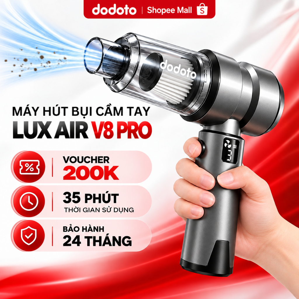 Máy hút bụi cầm tay dodoto Lux Air V8 Pro động cơ phản lực với 3 tốc độ lực hút mạnh Bảo hành 24 tháng