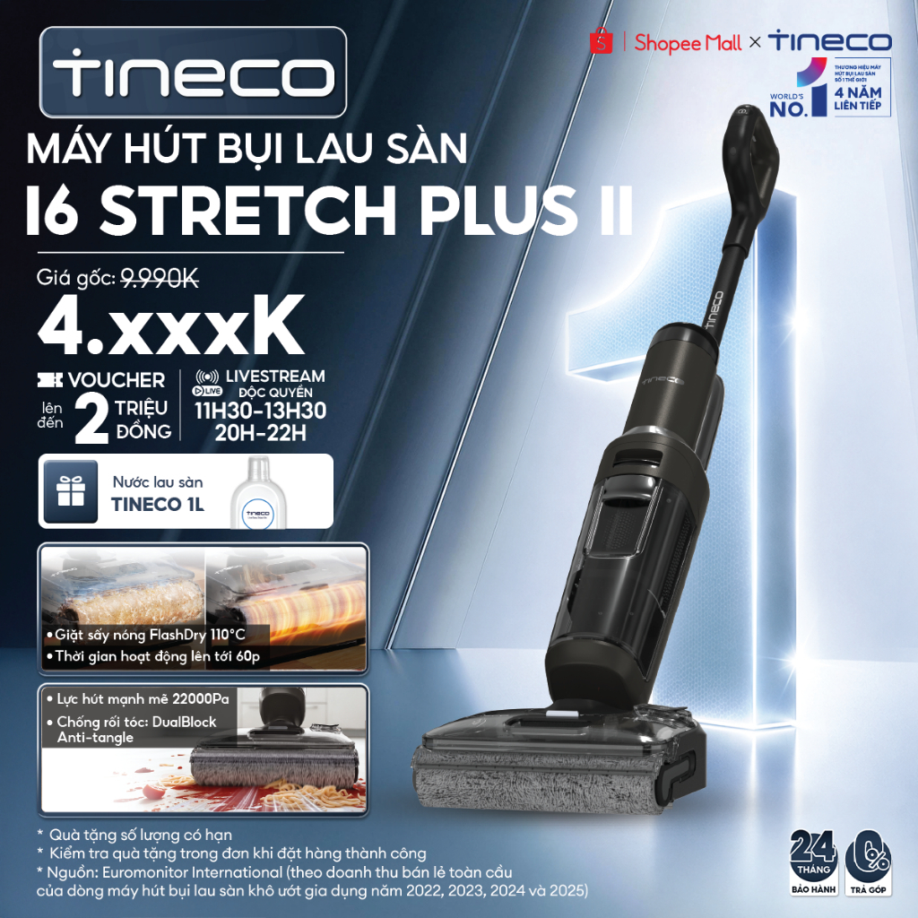 Tineco Floor One i6 Stretch Plus II / I6 Stretch Plus Máy hút bụi lau sàn khô ướt - Lực hút 22000Pa -Giặt sấy nóng 100°C