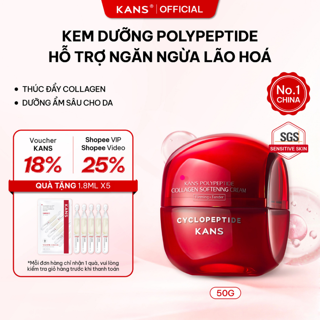 KANS Kem Dưỡng Chống Lão Hóa giúp Phục Hồi, Săn Chắc, Làm Mờ nếp nhăn, đốm nâu, Làm Sáng Da Polypeptide Collagen 50g