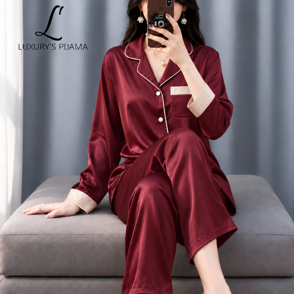 Đồ bộ LUXURY PIJAMA lụa latin cao cấp, mềm mịn sang trọng tay dài màu đỏ trơn TD060