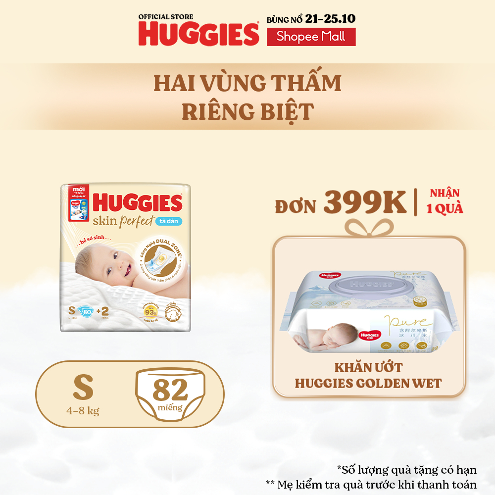 Tã/bỉm dán sơ sinh Huggies Skin Perfect S 80+2 miếng với 2 vùng thấm giảm kích ứng da