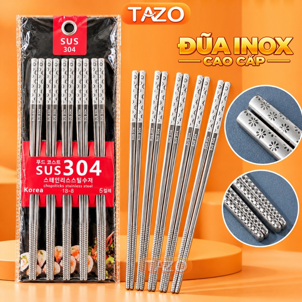 Đũa Inox SUS304 Chống Trượt Cán Vuông CAO CẤP - Đũa/Muỗng Inox Nấu Ăn Khắc Họa Tiết Kháng Khuẩn Chống GỈ TAZO | BigBuy360 - bigbuy360.vn