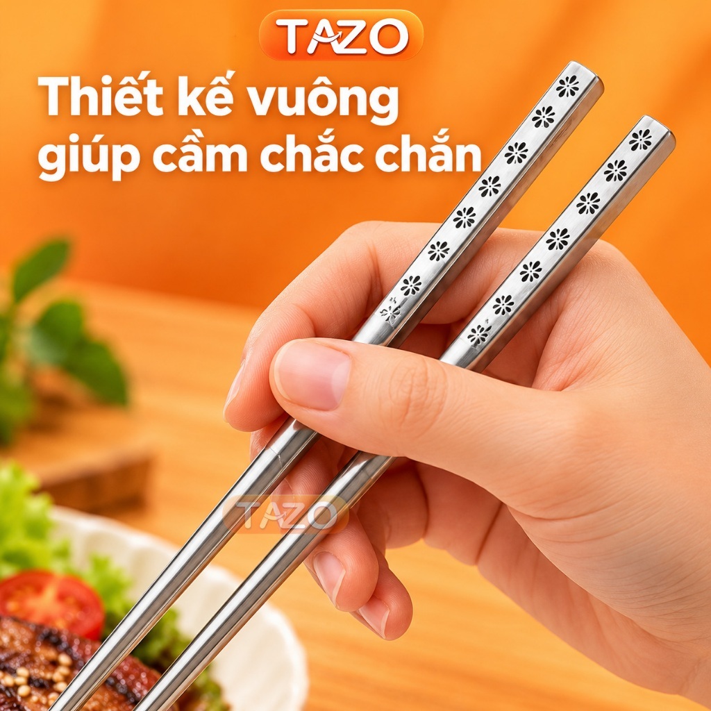 Đũa Inox SUS304 Chống Trượt Cán Vuông CAO CẤP - Đũa/Muỗng Inox Nấu Ăn Khắc Họa Tiết Kháng Khuẩn Chống GỈ TAZO | BigBuy360 - bigbuy360.vn