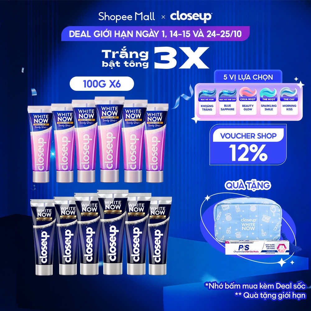Bộ 6 Kem Đánh Răng Closeup trắng răng White Now Trắng Bật Tông 3x TỨC THÌ 100g