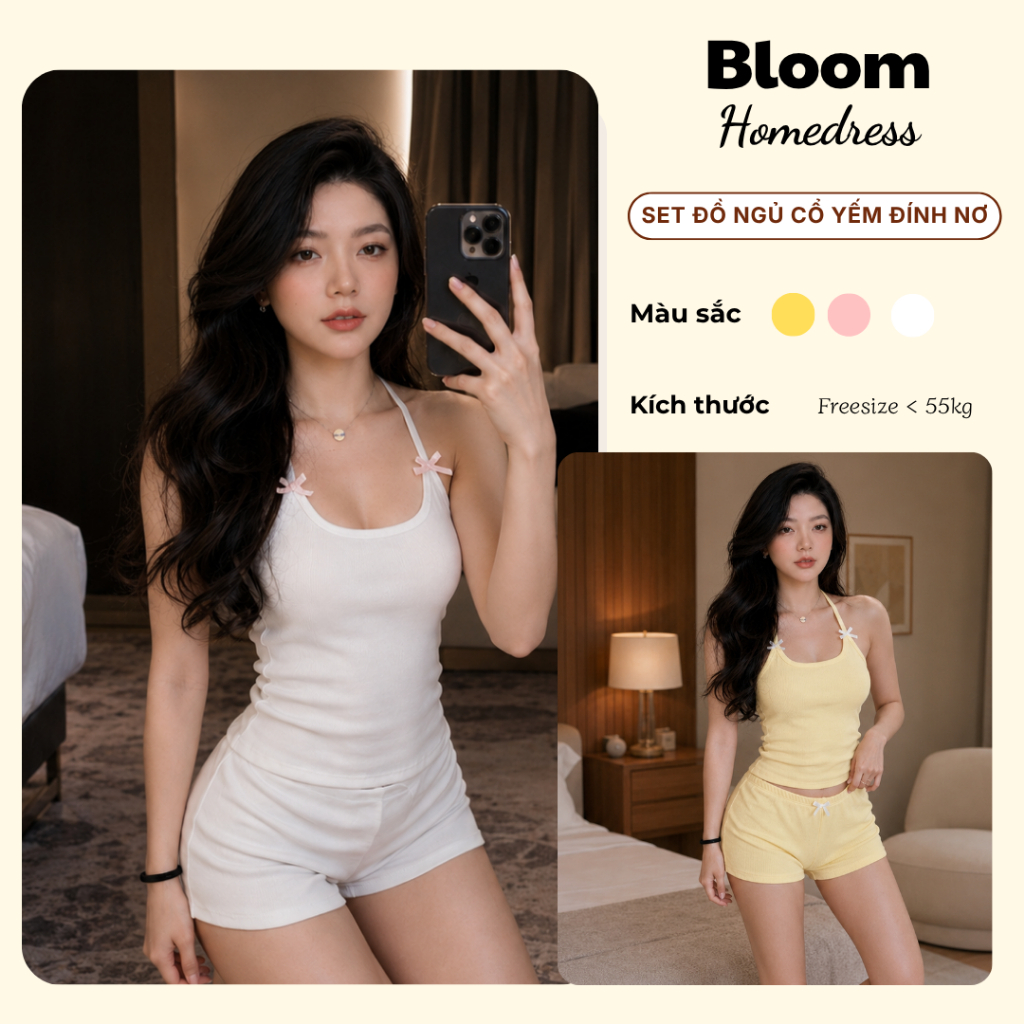 Set Bộ Ngủ Nữ Cổ Yếm Phối Nơ Và Quần Mini Hottrend Thun Gân Mát, Set Ngủ Nữ Hai Dây Mùa Hè | BLOOM.HOMDRESS - BH005