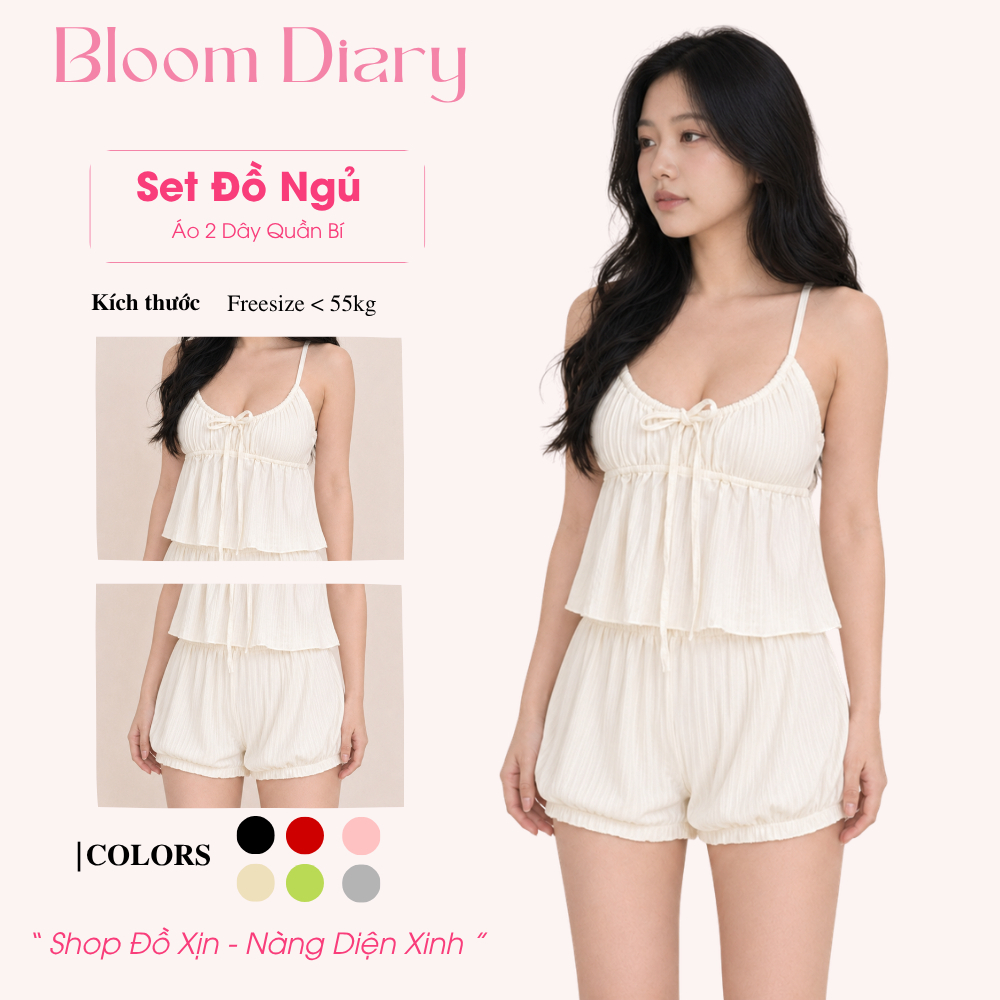 Set Đồ Ngủ Nữ 2 Dây Babydoll Có Sẵn Mút Mềm Dây Rút Buộc Nơ Quần Đùi Bí Chất Gân Len Cotton -  BD014