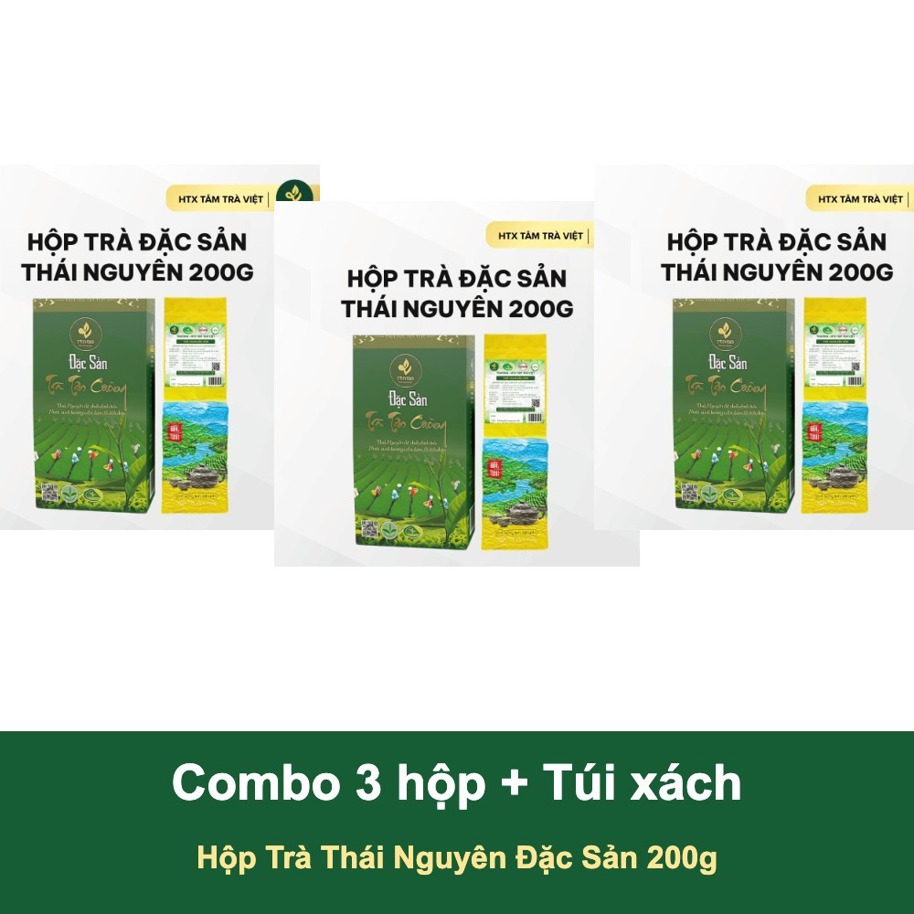 Combo 3 Hộp Trà Thái Nguyên Đặc Sản 200g Kèm Túi Xách - Trà Xanh VietGAP, Quà Biếu Tết, Quà 20/11 Tặng Thầy Cô
