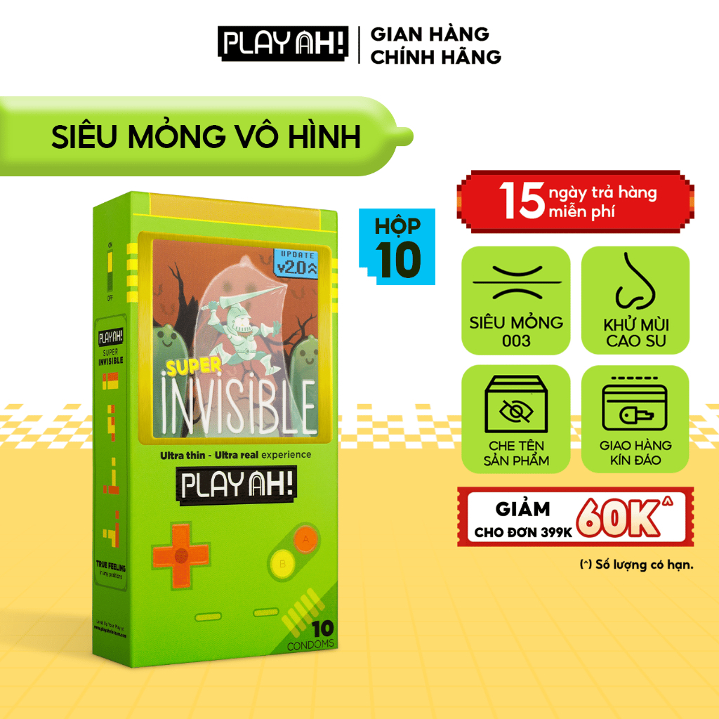 Bao Cao Su PlayAh Super Invisible Siêu Mỏng/ Nhiều Gel/ Kéo Dài Thời Gian/ Có Gai Hộp 10 size 52mm
