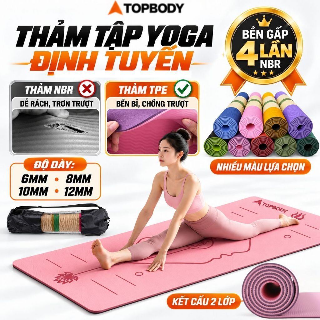 Thảm Yoga Định Tuyến TOPBODY 6/8/10mm Chống Trượt Chất Liệu TPE Cao Cấp Kèm Túi Đựng Đàn Hồi Tốt