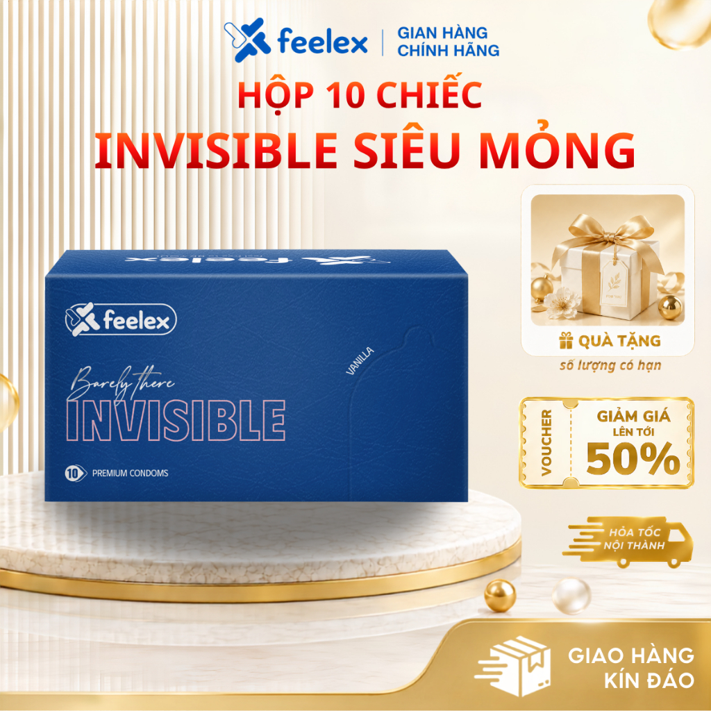 Bao cao su siêu mỏng nhiều gel đặc biệt Feelex Invisible ôm sát đem lại cảm giác chân thật giảm ma sát hộp 10 chiếc
