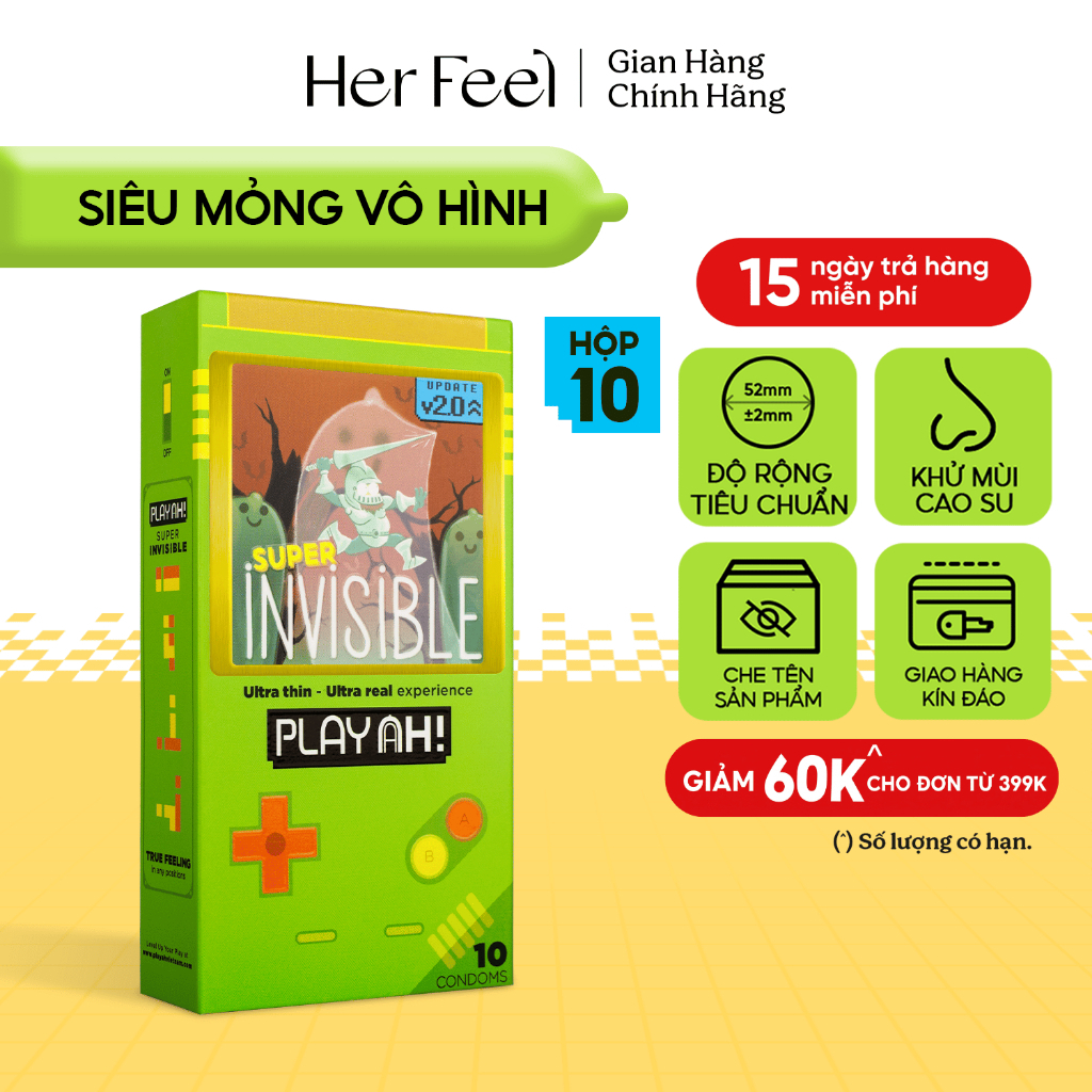 Bao Cao Su PlayAh Super Invisible Siêu Mỏng/ Nhiều Gel/ Kéo Dài Thời Gian/ Có Gai Hộp 10 size 52mm