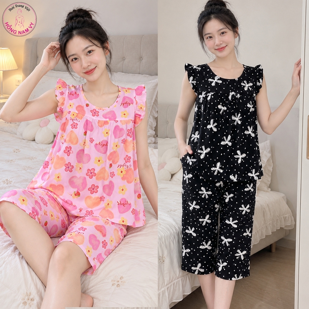 Bộ tole lanh nữ lửng cánh tiên loại tốt 48-75kg, đồ bộ mặc nhà tole 2 da