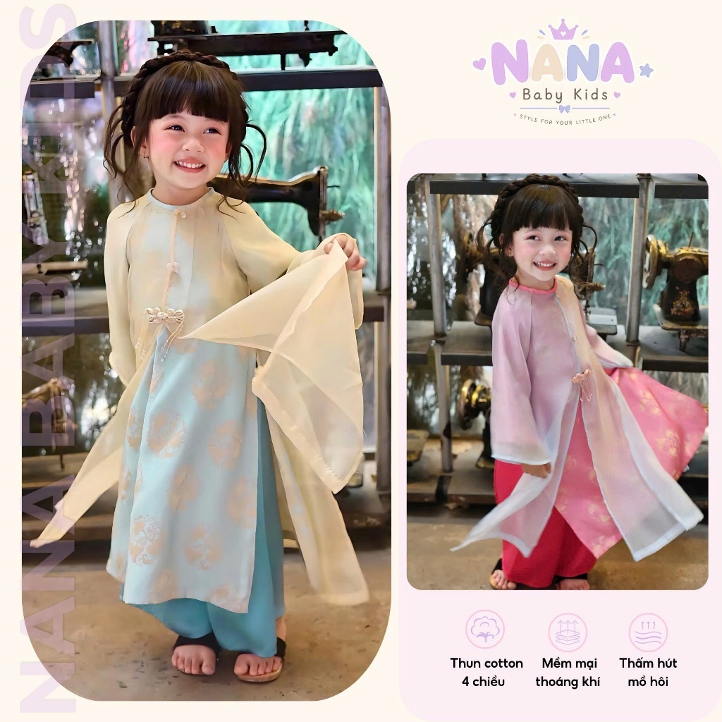 Áo dài tết bé gái, áo dài cách tân bé gái tơ gấm dáng suông 4 tà siêu xinh mẫu mới 2027 Size 16-38kg