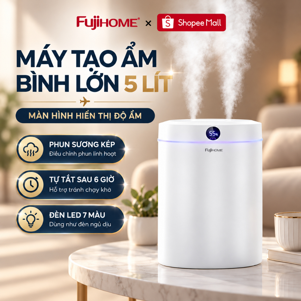 Máy phun sương tạo ẩm Nhập Khẩu FUJIHOME HM05B, Máy xông tinh dầu có màn hình Led hiển thị độ ẩm