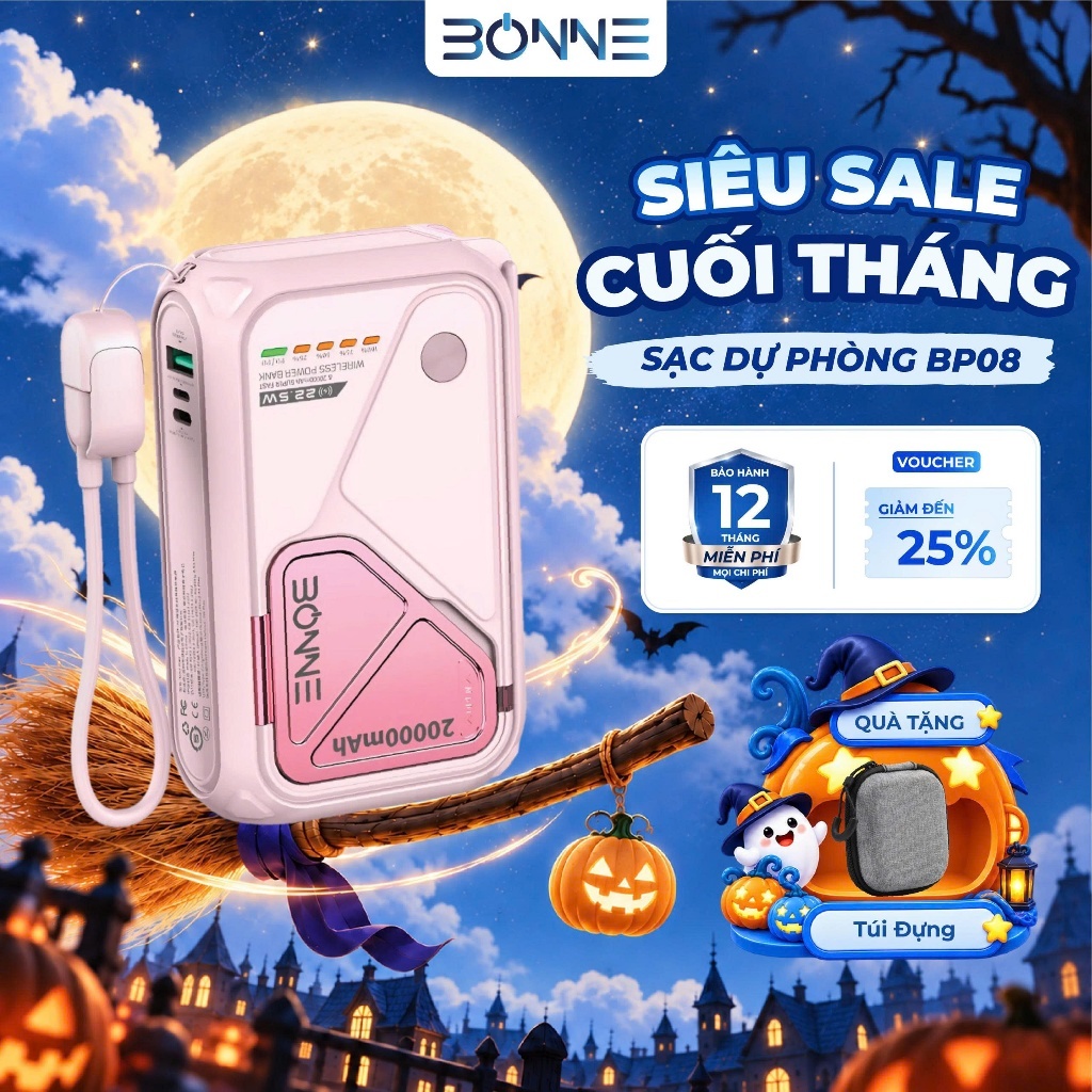[TẶNG TÚI ĐỰNG ] Sạc Dự Phòng BP08, Củ Sạc Nhanh BONNE BP08 10.000 mAh 20.000 mAh Hỗ Trợ Sạc Không Dây