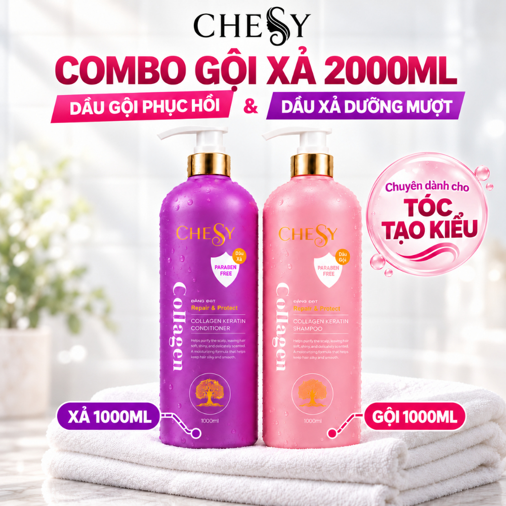 Bộ Gội Xả CHESY 1000ml Collagen Keratin Dưỡng Tóc Mềm Mượt Hỗ Trợ Phục Hồi Tóc Hư Tổn