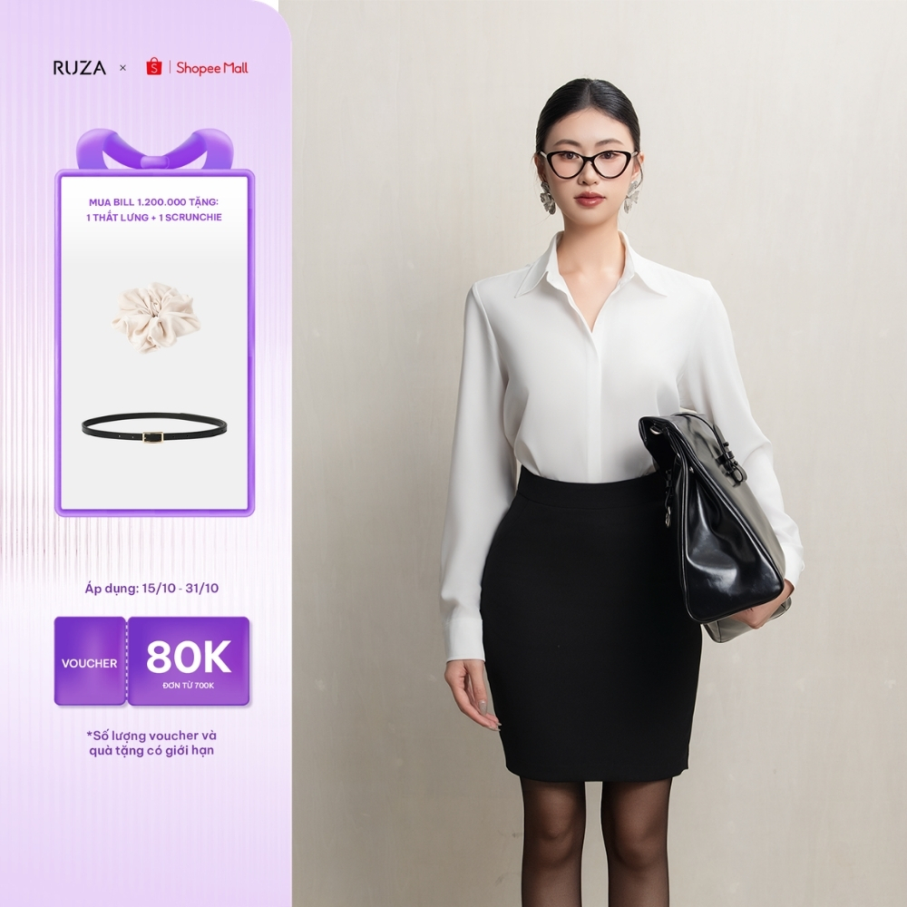 Áo sơ mi nữ RUZA chất liệu lụa màu trắng tay dài kiểu basic công sở mềm mại thoáng mát ADE368