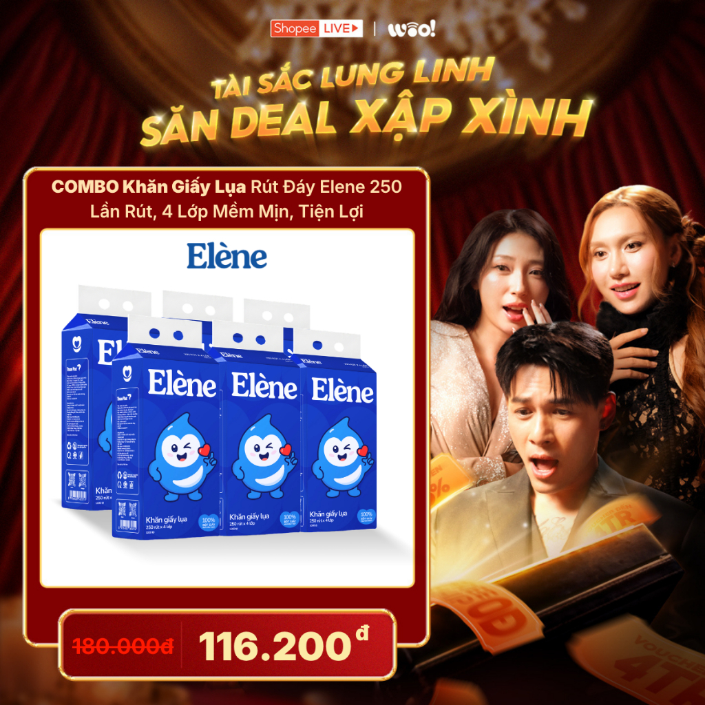 [TÙNG MINT x ELENE] COMBO 6/10 BỊCH Khăn Giấy Lụa Rút Đáy Elene 250 Lần Rút 4 Lớp Mềm Mịn, Tiện Lợi, An Toàn