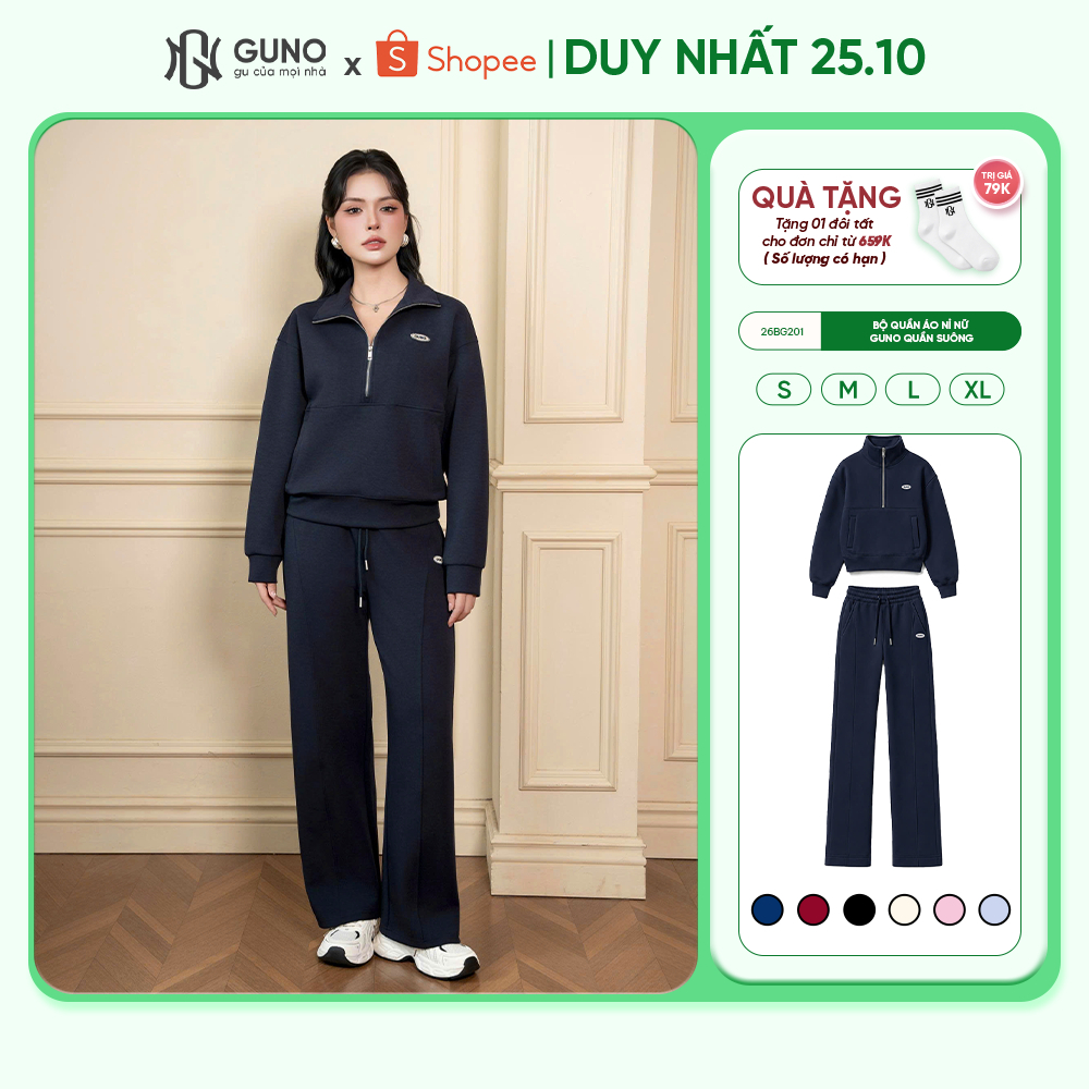 Bộ quần áo nỉ Modal nữ GUNO Polo cổ bẻ phối khoá thanh lịch thời trang quần suông basic 26BG201