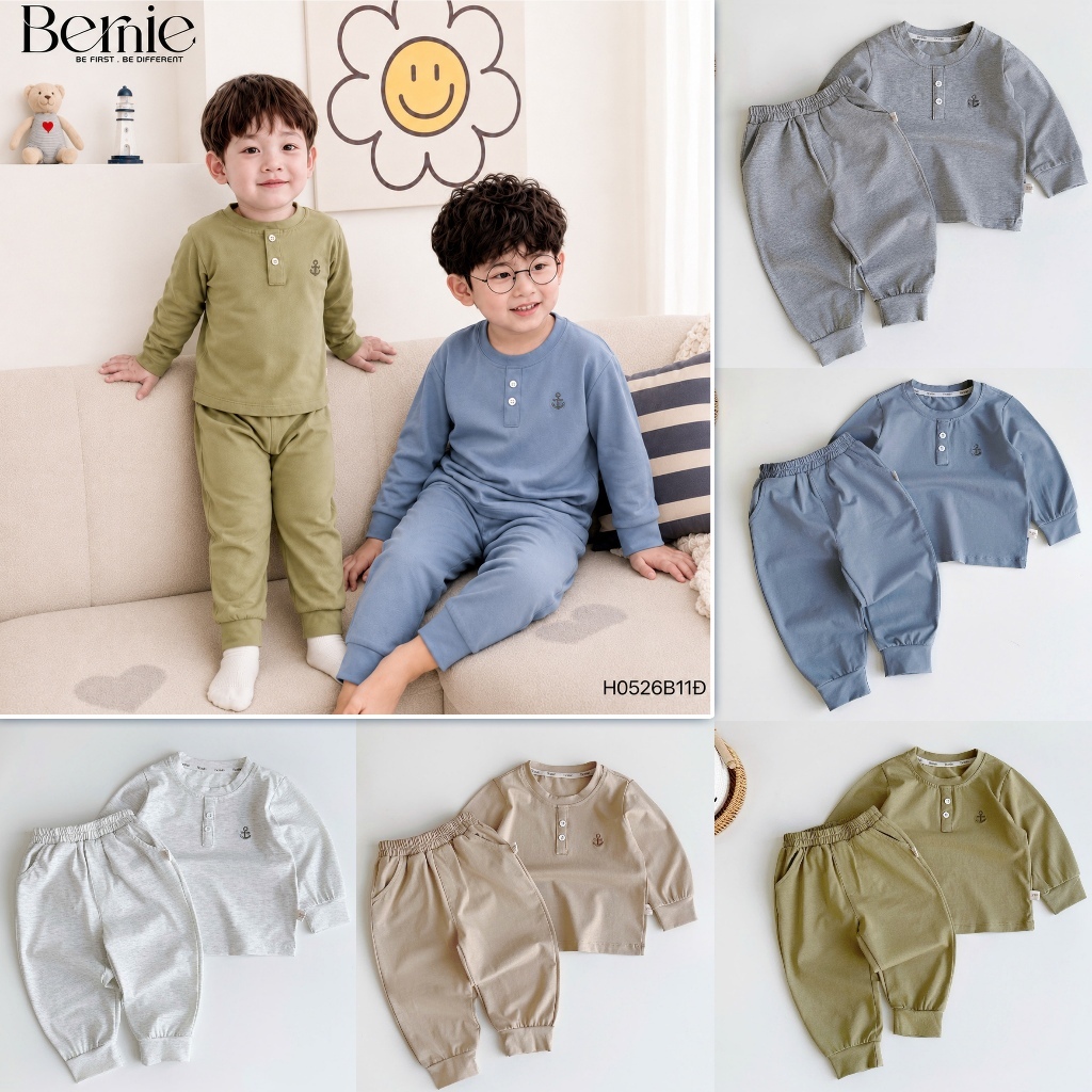(Cotton mềm đẹp) Bộ thu đông bé trai thêu Mỏ neo Bernie - Bộ dài tay mặc nhà, bộ ngủ cho bé trai 9-24kg - H0526B11Đ