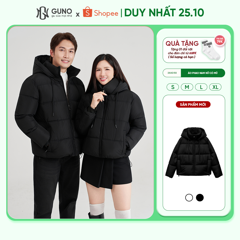 Áo khoác phao béo siêu nhẹ mùa đông nam nữ GUNO chần bông cao cấp có mũ trùm đầu 26AG158/AB159