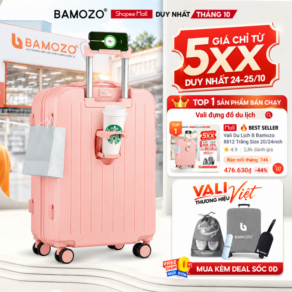 Vali Du Lịch B Bamozo 8812 Thời Trang Size 20/24inch, ABS Cao Cấp Bảo Hành 5 Năm - Lỗi 1 Đổi 1 30 ngày_8812