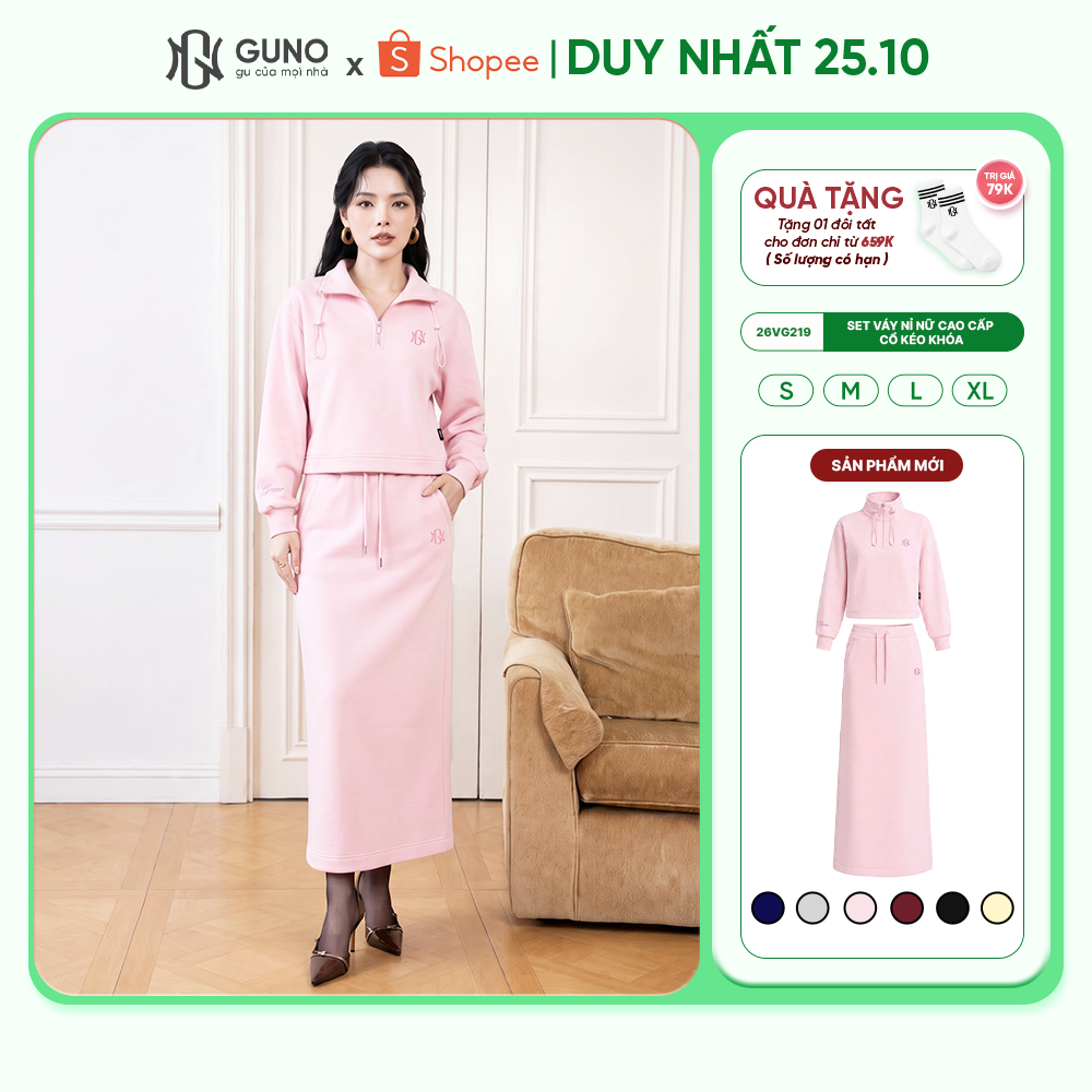 Set Váy Nỉ Nữ Thu Đông GUNO Phối Chân Váy Suông Chữ A Dáng Dài Cao Cấp Cổ Kéo Khóa Logo Thêu 26VG219