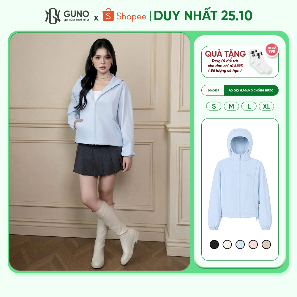 Áo Khoác Gió Nữ GUNO Siêu Nhẹ 1 Lớp Có Mũ Chống Nước Chống Gió Thoáng Khí Thời Trang 26AG197