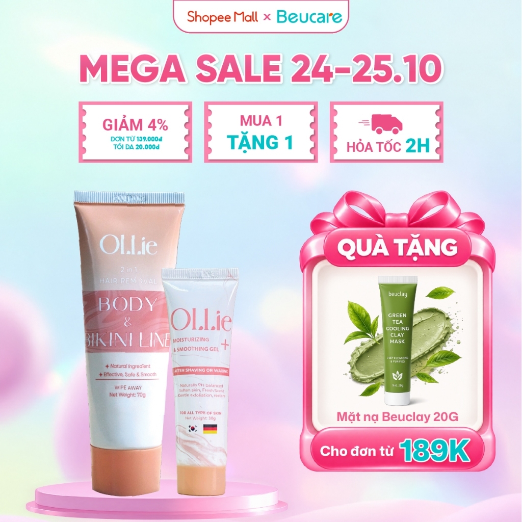 Combo kem tẩy lông và kem dưỡng Ollie tẩy vùng kín, nách, tay, chân , an toàn không đau rát,dưỡng da phù hợp mọi loại da
