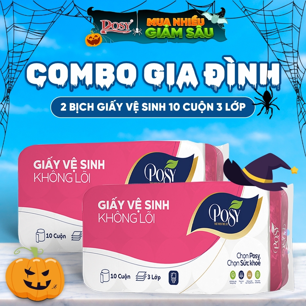 [COMBO GIA ĐÌNH]  - 2 bịch Giấy vệ sinh Posy 10 cuộn 3 lớp không lõi/có lõi mềm, DỄ TAN TRONG NƯỚC