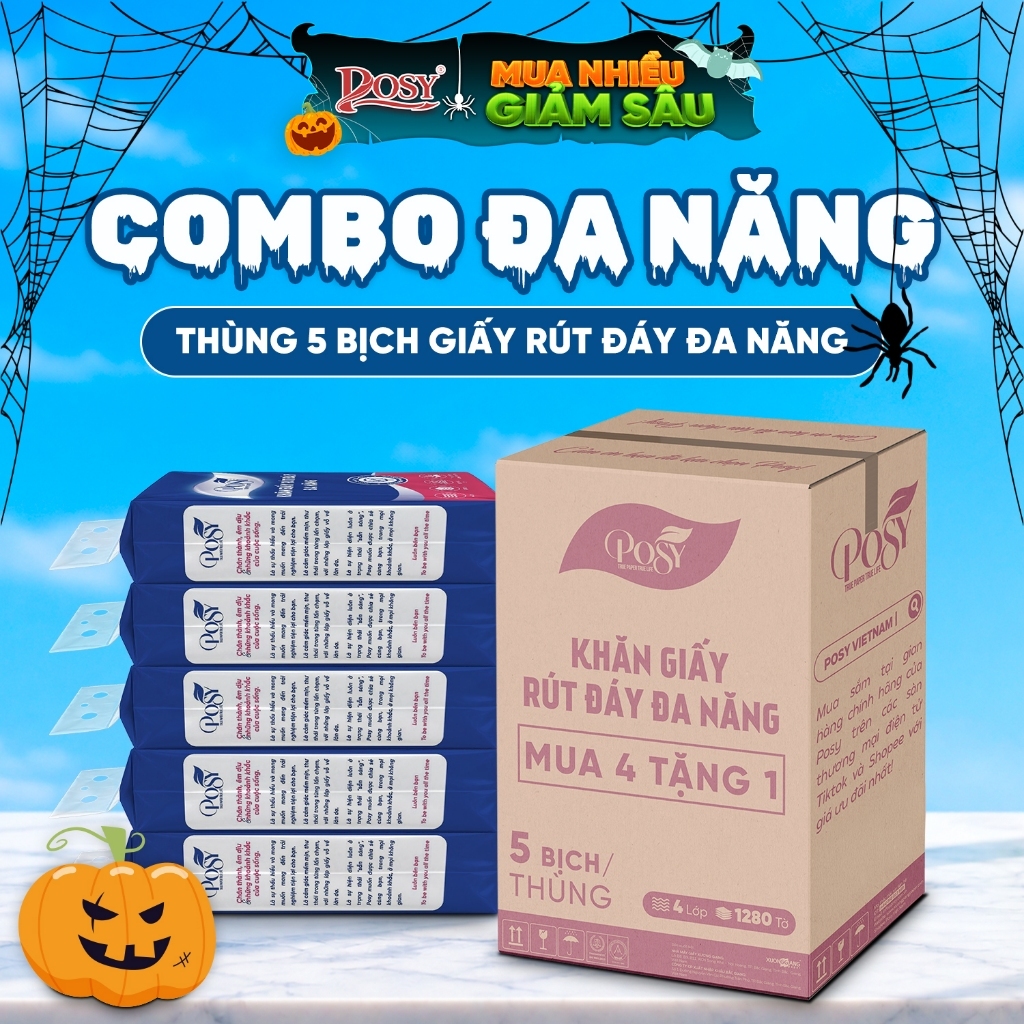 COMBO THÙNG 5 BỊCH GIẤY RÚT ĐÁY POSY ĐA NĂNG 1280 TỜ 4 LỚP MỀM MỊN TIỆN LỢI CHO MỌI NHÀ