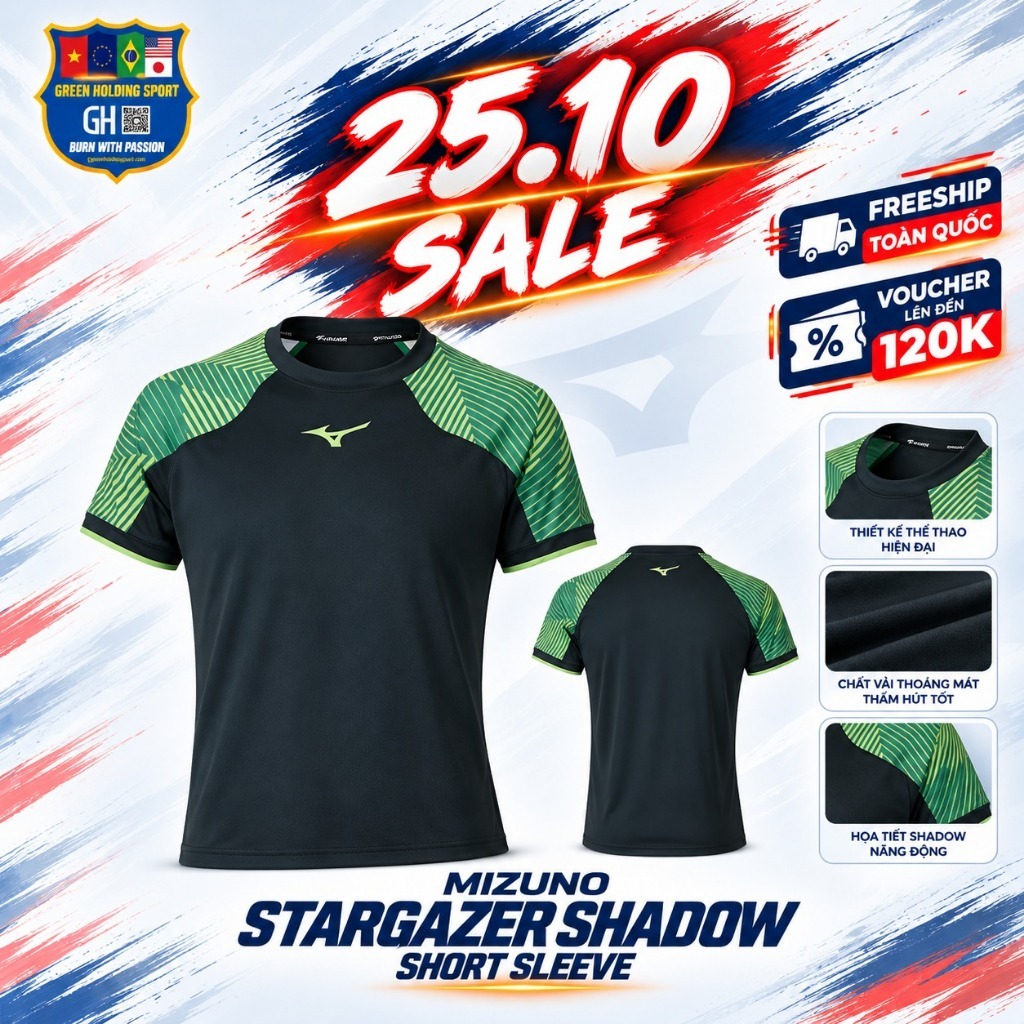 Áo Thun Thể Thao Mizuno Stargazer Shadow Short Sleeve Chính Hãng, Thoáng Khí, Nhanh Khô, Co Giãn Tốt