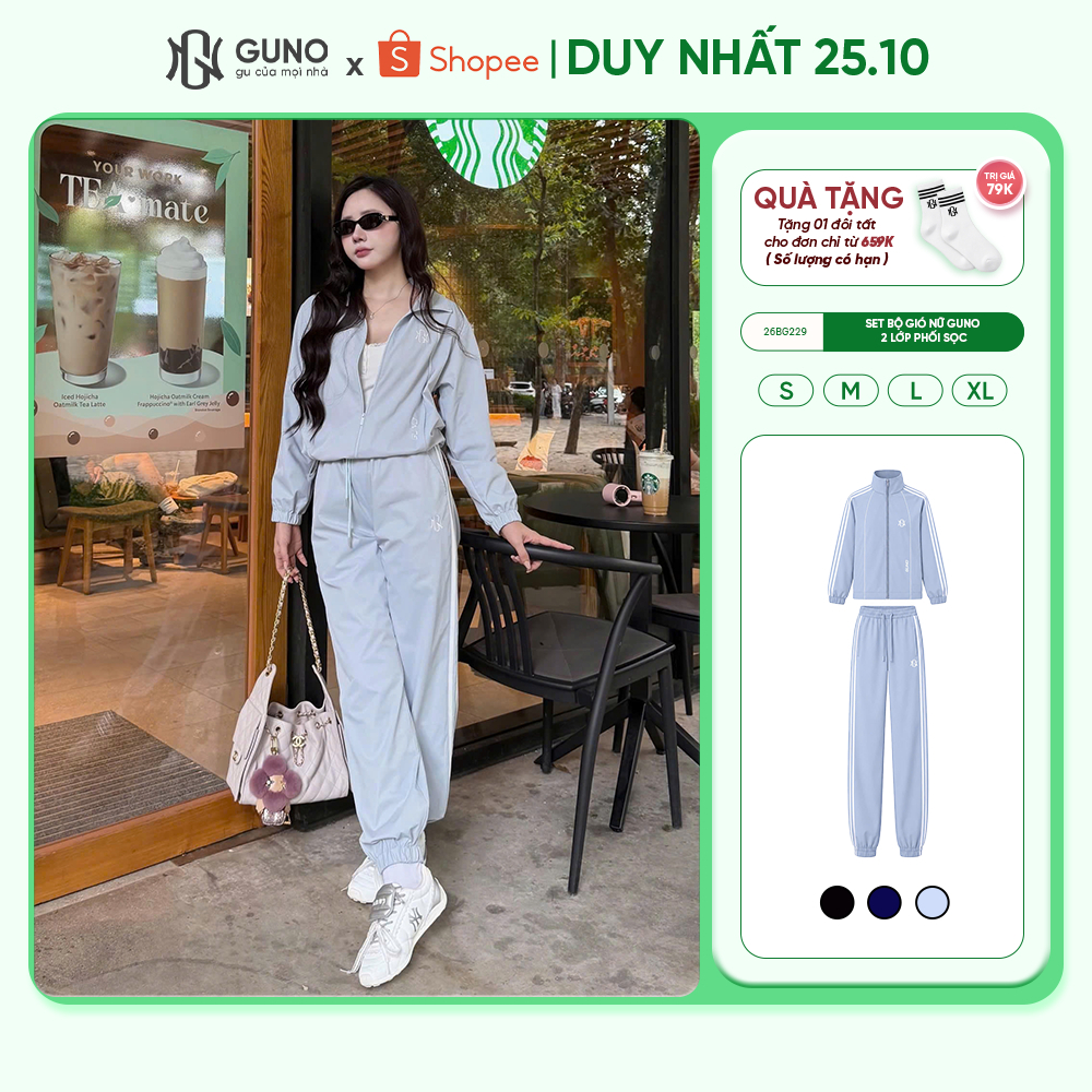 Set bộ quần áo gió nữ GUNO bộ gió 2 lớp áo khoá kéo cổ bẻ quần bo gấu phối kẻ sọc 26BG229