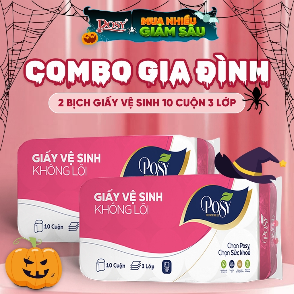 COMBO GIA ĐÌNH - 2 bịch Giấy vệ sinh Posy 10 cuộn 3 lớp không lõi - có lõi mềm mịn, dễ tan trong nước