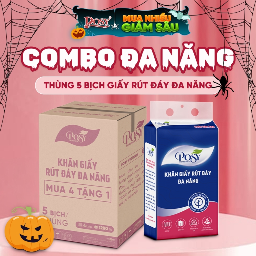 [DEAL CHỚP NHOÁNG]_COMBO THÙNG 5 BỊCH GIẤY RÚT ĐÁY POSY ĐA NĂNG 1280 TỜ 4 LỚP MỀM MỊN TIẾT KIỆM