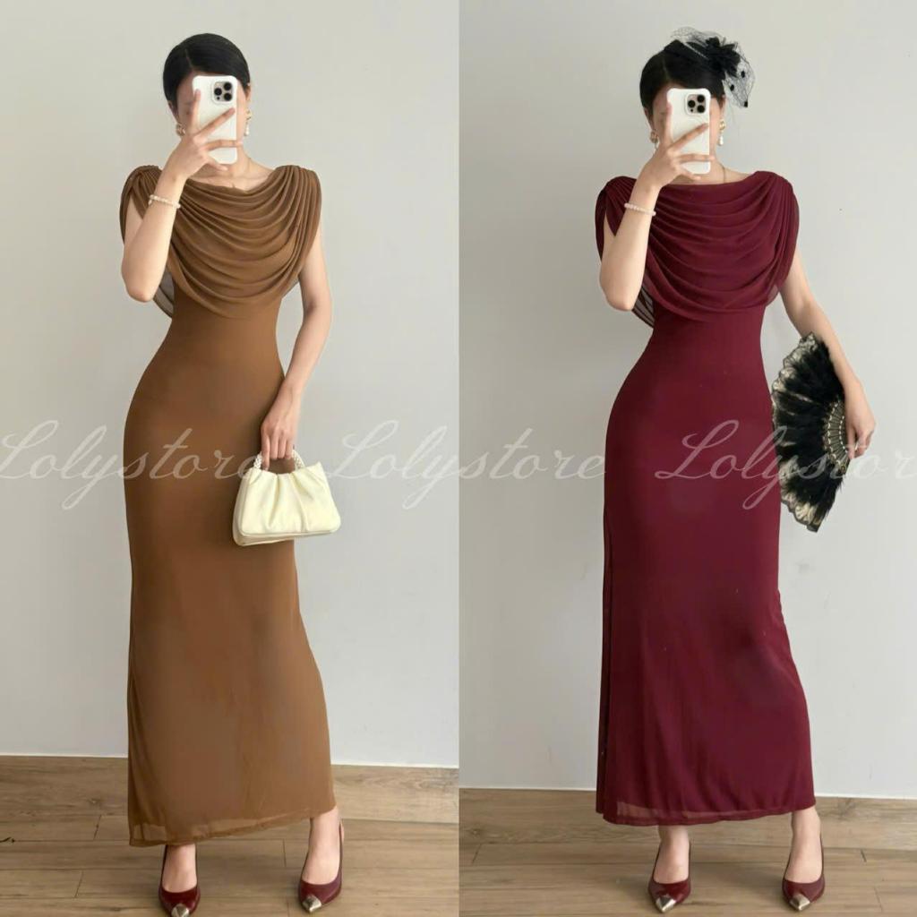 ( CÓ BIGSIZE ) Đầm body nữ thiết kế nhún vai cổ đỗ tầng đi tiệc sang chảnh Lolystore Dresswomen XV639