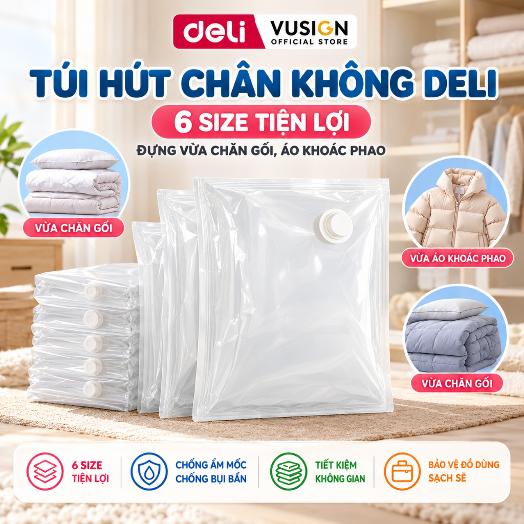 [HỎA TỐC] Túi hút chân không đựng quần áo du lịch, chăn màn Deli tránh ẩm mốc siêu dai dày gấp đôi sử dụng nhiều lần