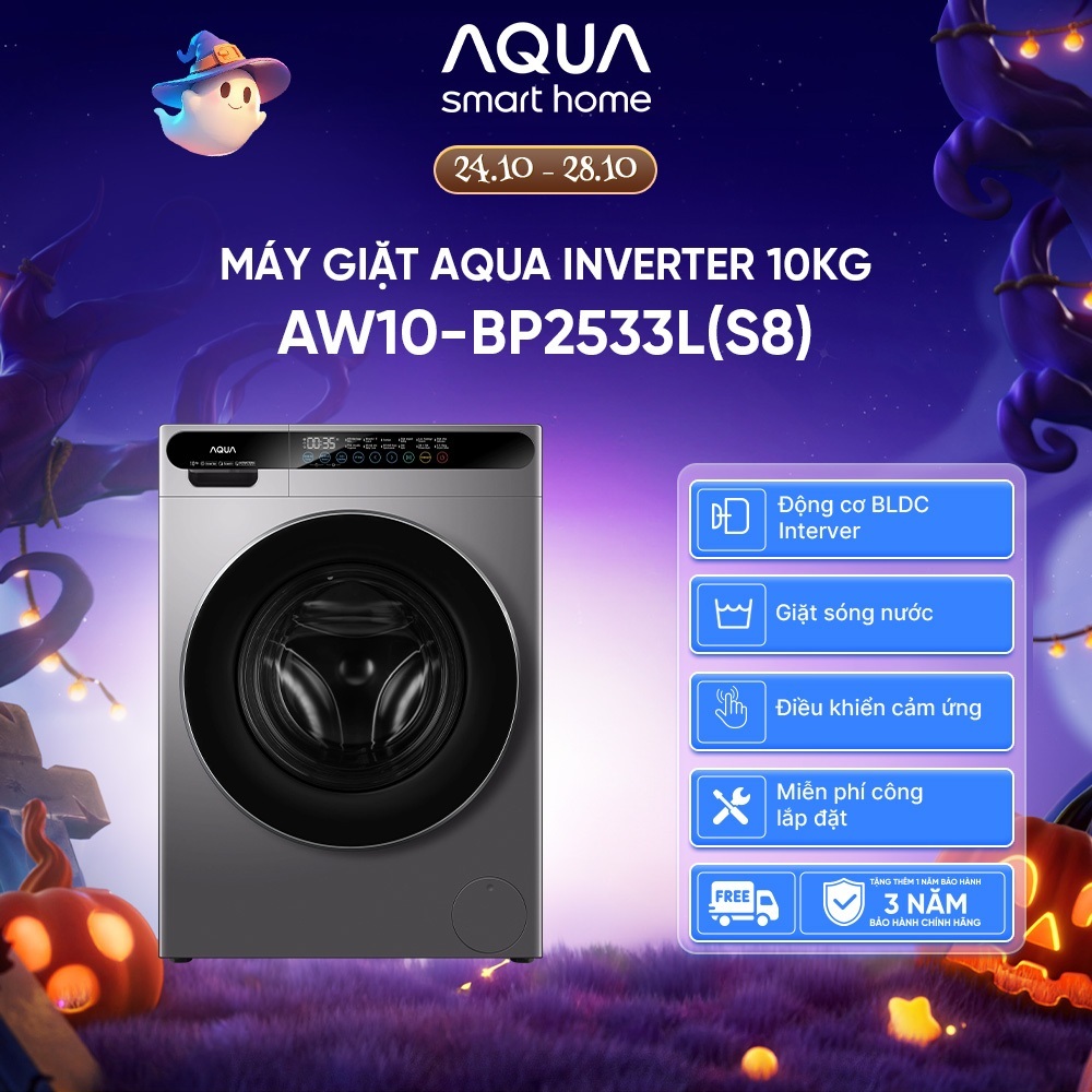 [ĐỘC QUYỀN] Máy giặt cửa trước AQUA Inverter 8kg/9kg/10kg AW10-BP2533L(S8) - Freeship toàn quốc - Hỗ trợ lắp đặt