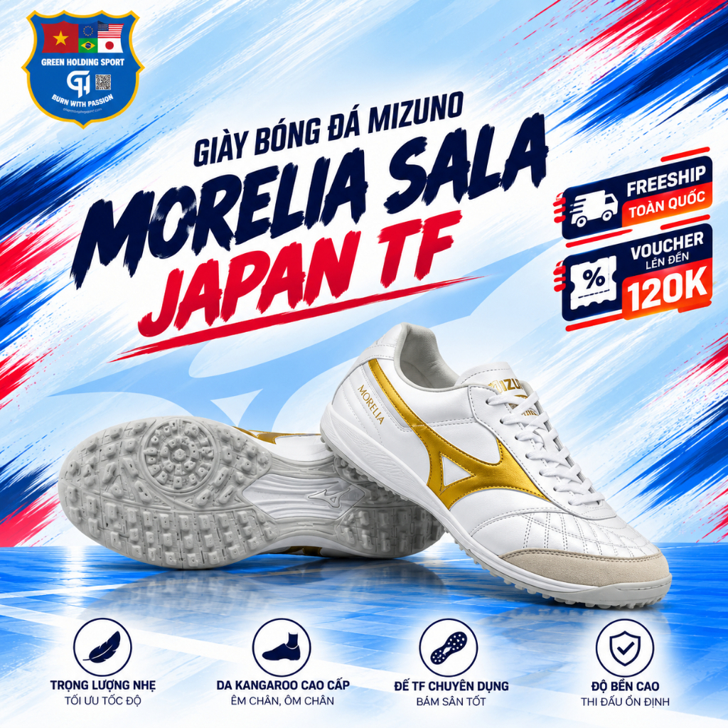 Giày Đá Bóng Mizuno Morelia Sala Japan TF Chính Hãng, Da Kangaroo Mềm, Êm Chân, Bám Sân Cỏ Nhân Tạo