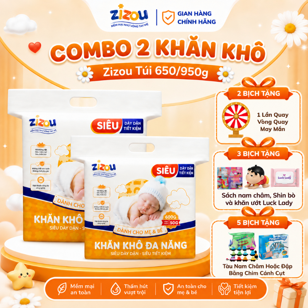 Combo 2 Gói Khăn Khô Đa Năng Zizou 950G Và 650G Bề Mặt Chấm Bi Dùng Thay Khăn Sữa Cho Mẹ Và Bé