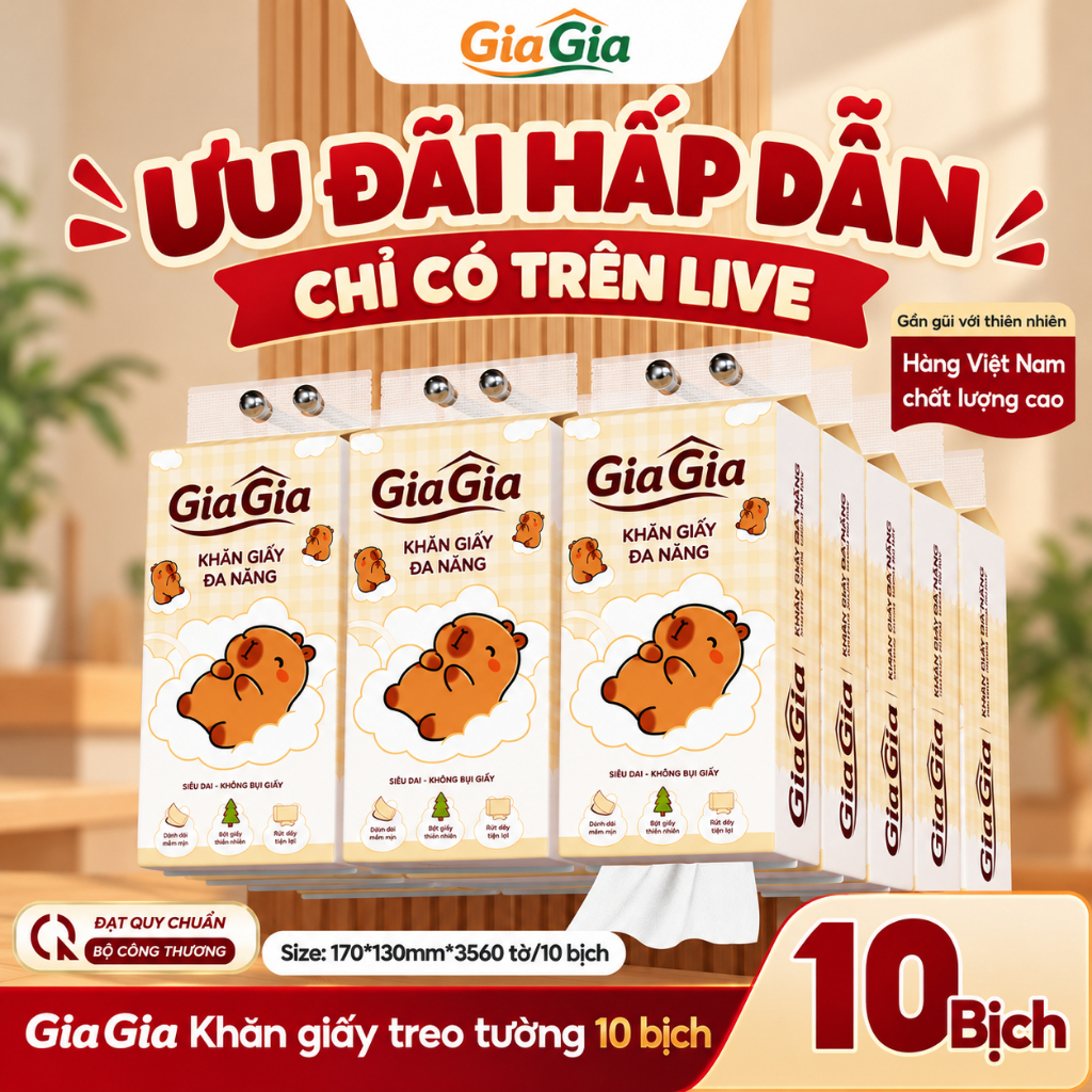 Giấy Rút Đa Năng Cappy Gia Gia 10 Bịch, Giấy Rút Treo Tường, Giấy Vệ Sinh 1.780 Lượt Rút, Mềm Dai