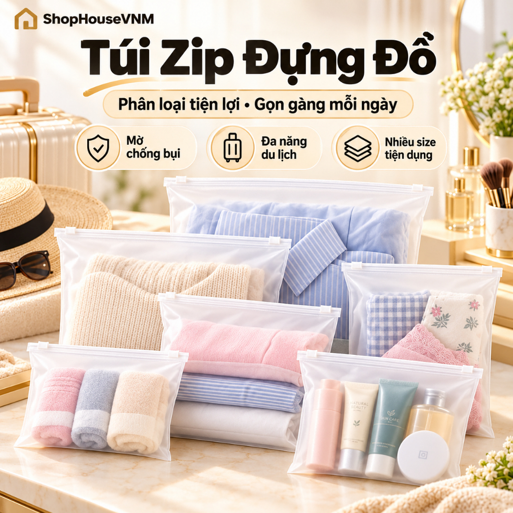 Túi Zipper Đựng Đồ Cá Nhân Lụa Mờ Nhẹ Gọn Dẻo Dai Tái Sử Dụng Nhiều Size Du Lịch Tiện Lợi